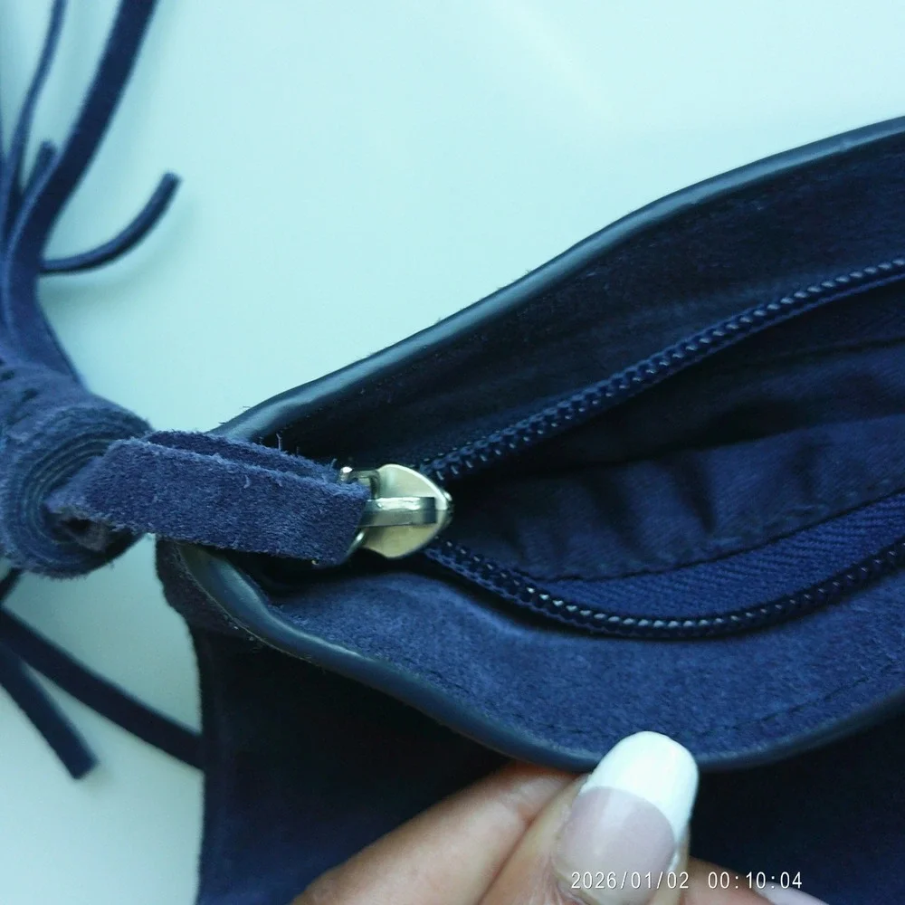 Leith Nordstrom 100% Leather Suede Boho Tassel Foldover Zipper Clutch OS Blue